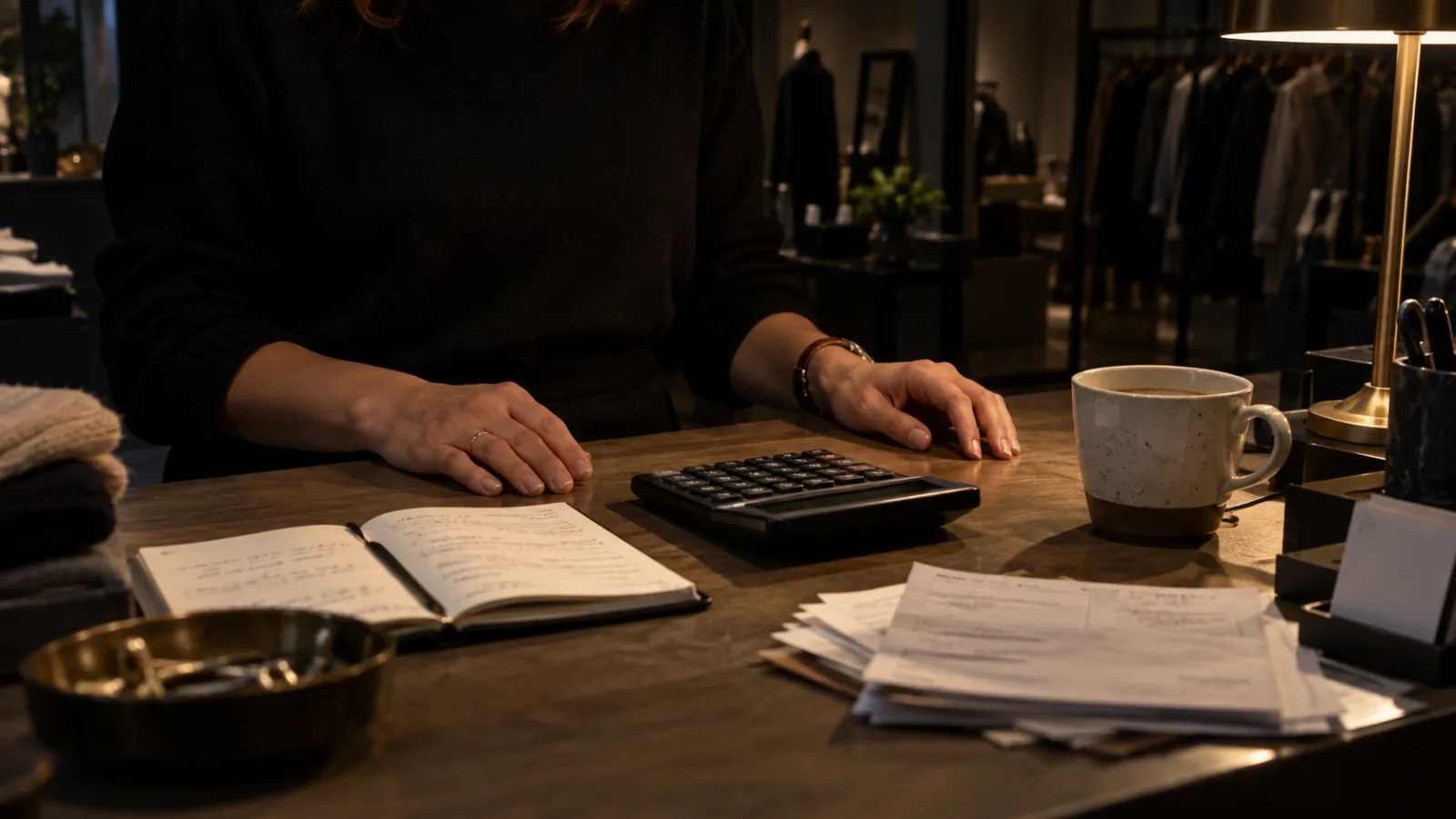Maos de uma lojista ao lado de uma calculadora, caderneta e contas sobre o balcao depois do expediente